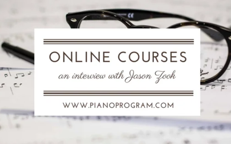 Musical notes on paper with reading glasses in the background and wording Online Courses - an interview wiht Jason Zook